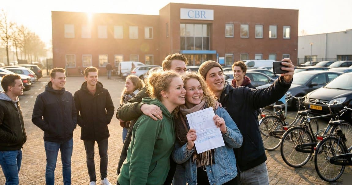 Groep jonge mensen viert dat ze geslaagd zijn voor hun rijexamen
