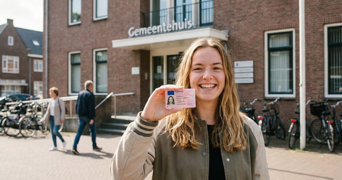 Blije vrouw toont haar rijbewijs bij het gemeentehuis