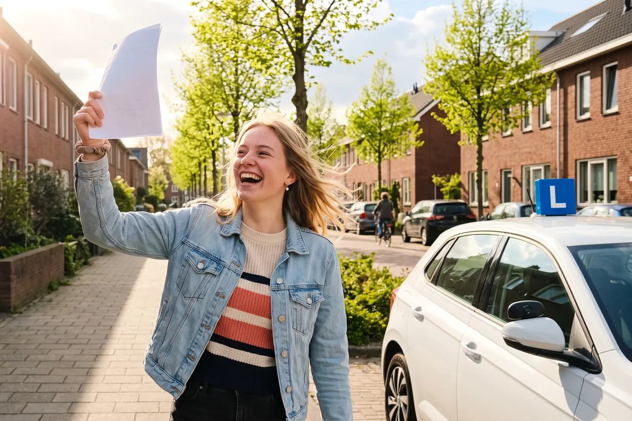 Net geslaagd: een jonge vrouw zwaait blij met haar uitslag naast de lesauto