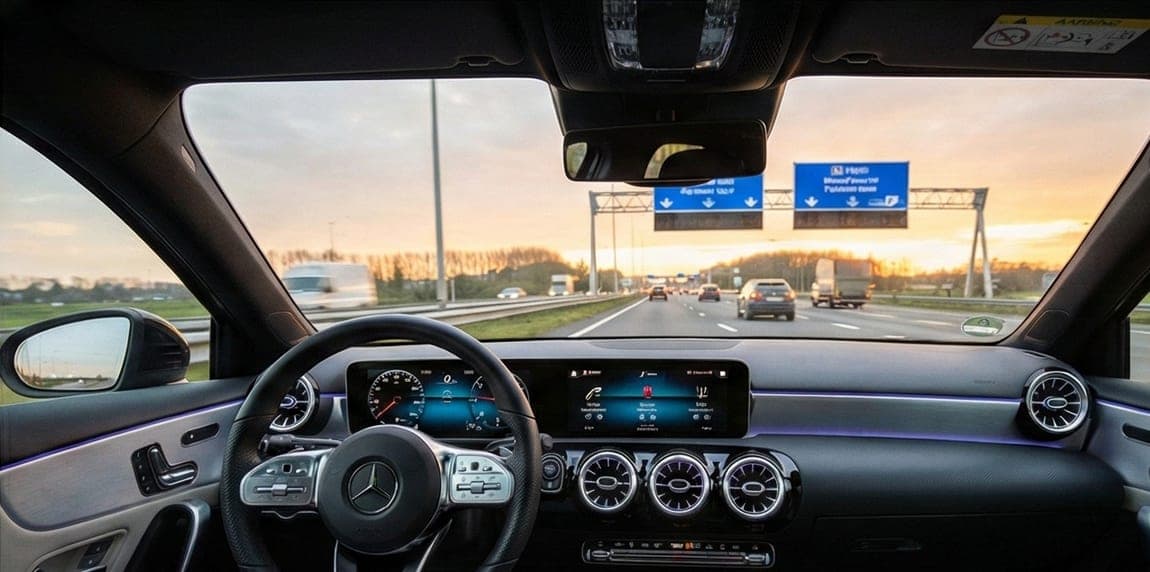 Dashboard van lesauto op de snelweg tijdens een rijles