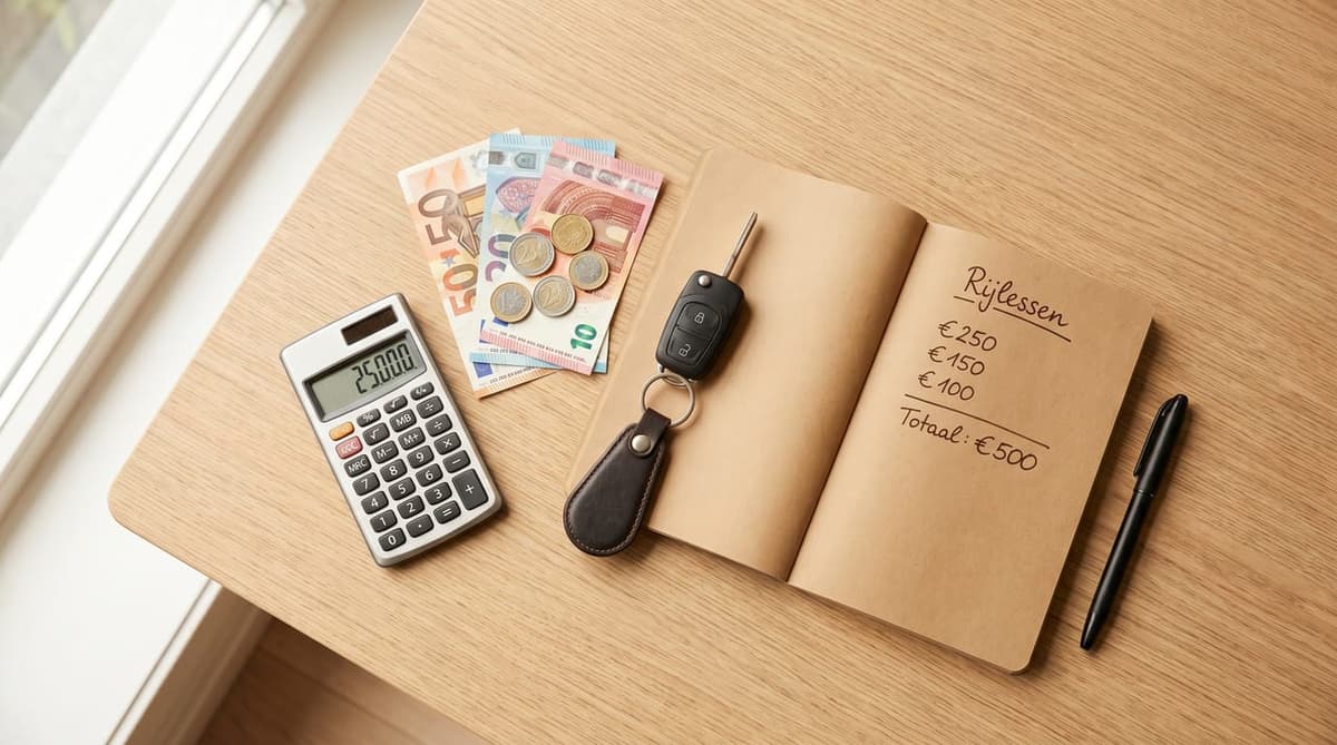 Flatlay met rijbewijs, autosleutels en rekenmachine
