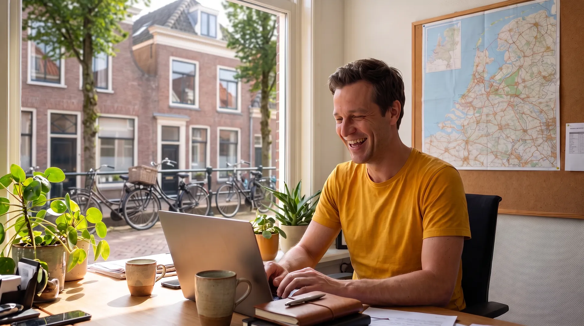 De Rijloket-mascotte lacht achter zijn laptop in een zonnig kantoor aan een Nederlandse straat