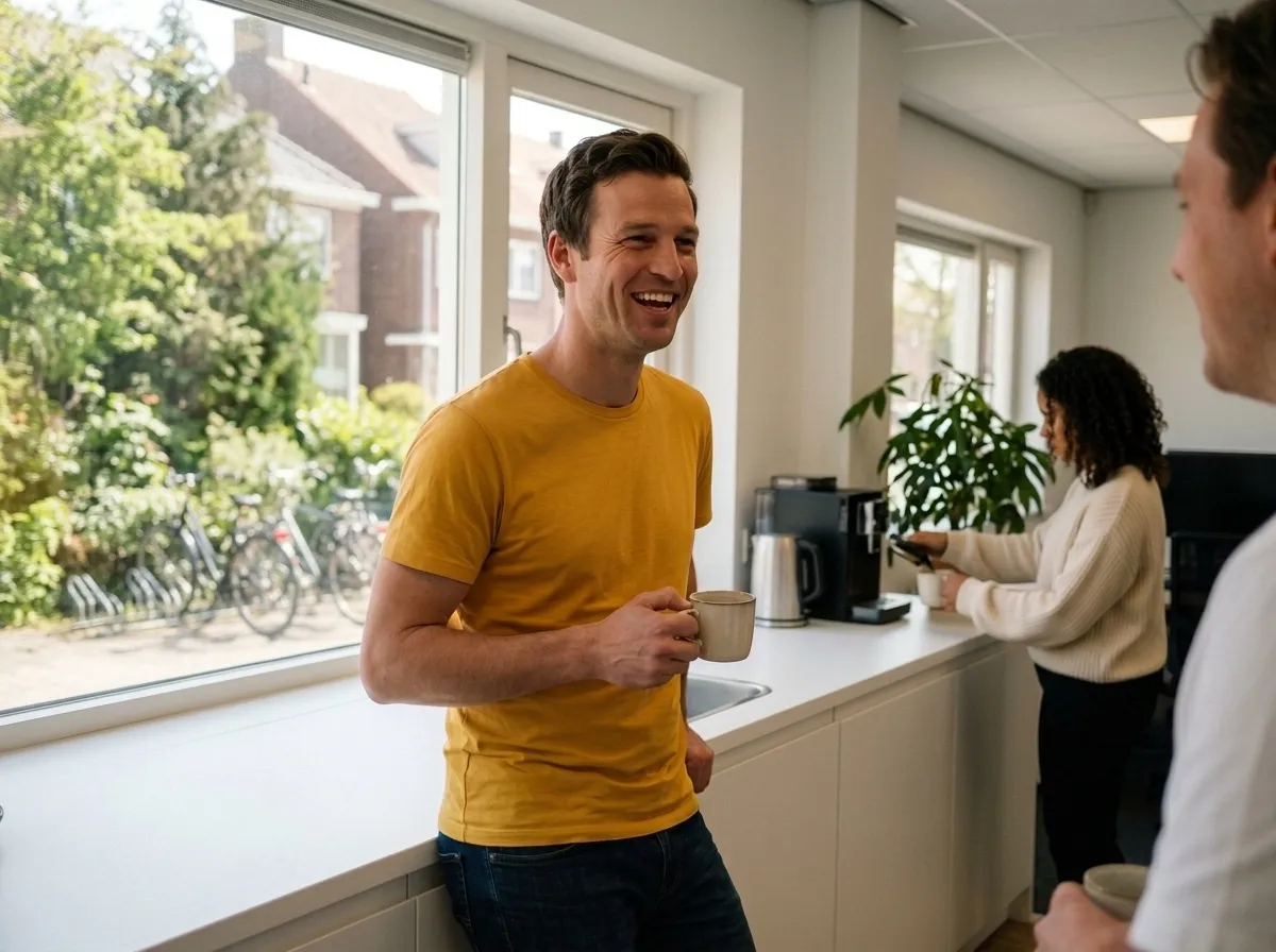 De Rijloket-mascotte drinkt koffie in de kantoorkeuken met collega's