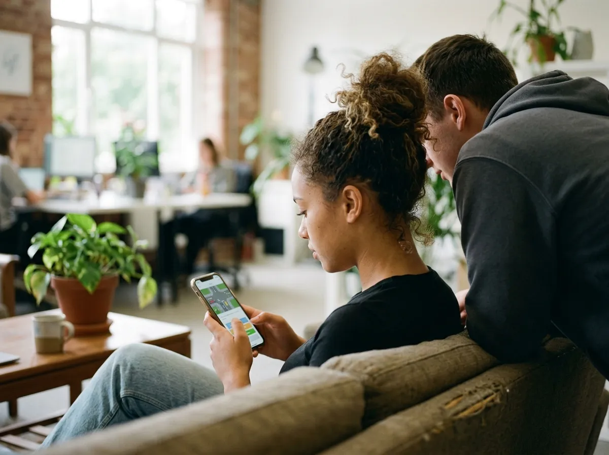 Een jonge vrouw oefent theorievragen op haar telefoon, een collega kijkt over haar schouder mee