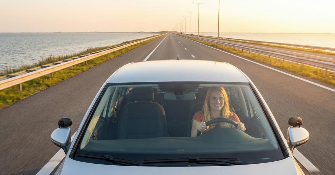 Auto rijdt over een dijk bij zonsondergang