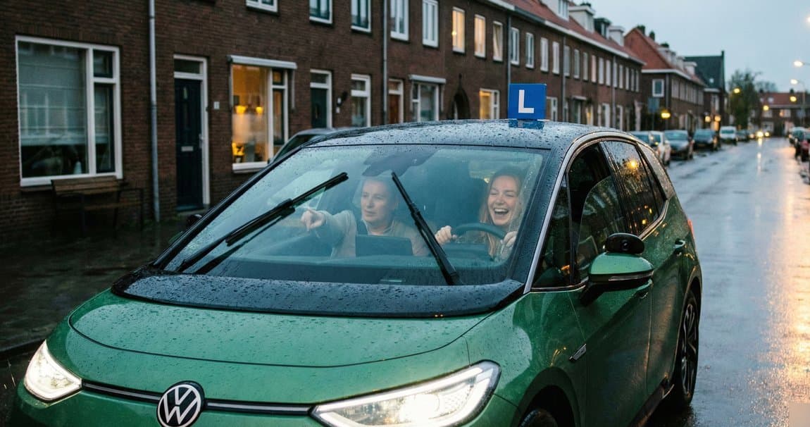 Lesauto rijdt in de regen, een stressvolle situatie voor leerlingen