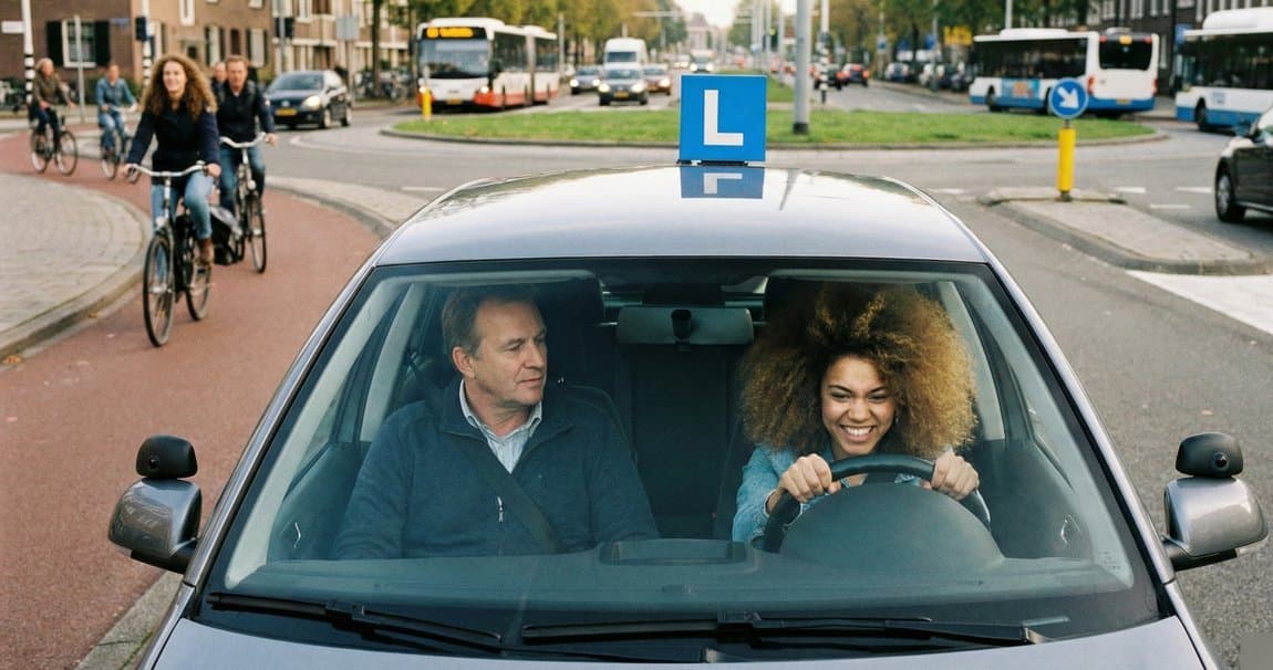 Lesauto nadert een rotonde tijdens een rijles