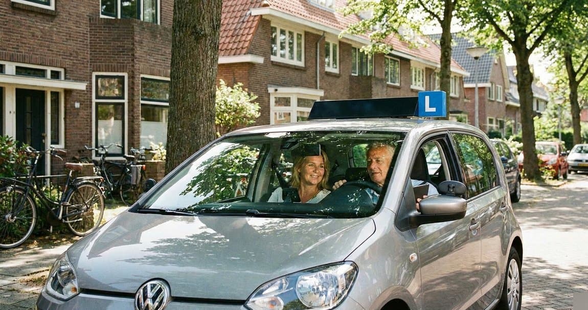 Lesauto in een woonwijk bij een gelijkwaardig kruispunt