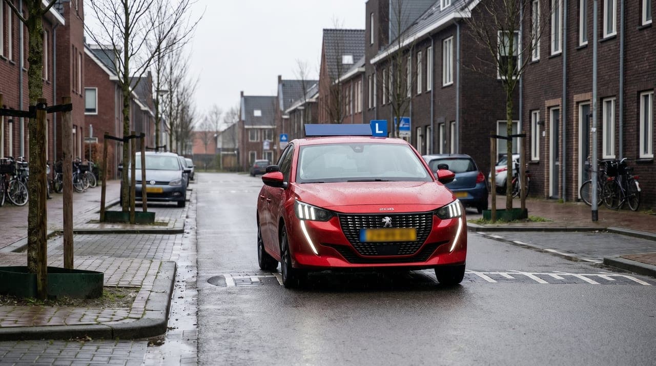 Lesauto rijdt door een woonwijk
