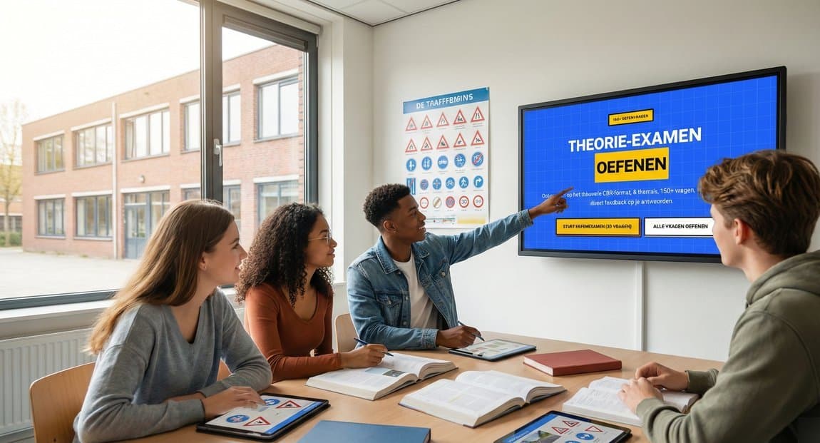 Studenten bereiden zich voor op het theorie-examen in een klaslokaal