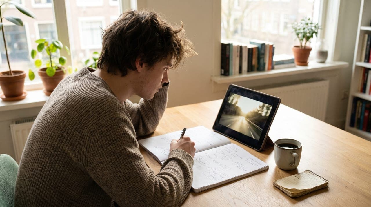 Jonge vrouw oefent theorie-examen op laptop in café